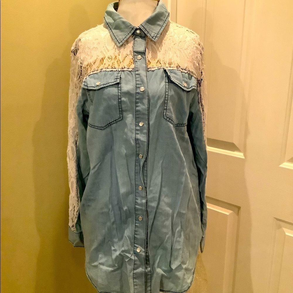 New Crazy Train denim & lace top, small